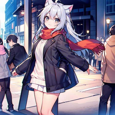 Masterpiece, Superb Girl, Gray Hair, Medium Long Hair, Cat Ears, Looking at the Audience, :3, Cute, Scarf, Jacket, Outdoor, Street