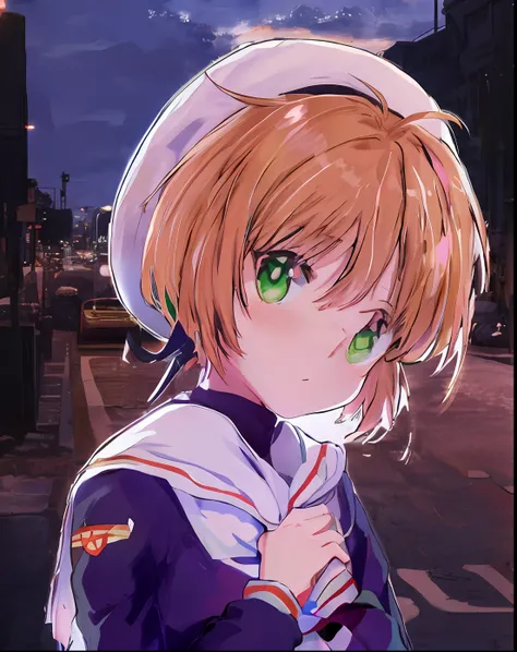 anime girl with green eyes and a sailor hat on a city street, chihiro! fujisaki, anime style portrait, anime style. 8k, cardcaptor sakura, nightcore, anime style 4 k, in anime style, cute anime girl, anime visual of a cute girl, portrait of cute anime girl...