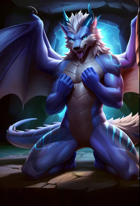 pov, correct anatomy, furry, furry, ((lair (dragon-wolf hybrid), male, red details on arms, legs and ears, wolf nose, one blue e...