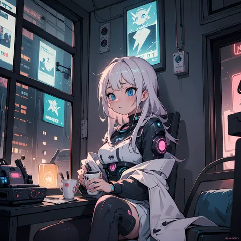 (masterpiece, best quality, ultra detailed),(cyberpunk, neon, cyber,) 1girl, anime, pretty eyes, long eyelashes, cozy blanket, long sleeve and short pajamas, fluffy texture, with a cup of hot cocoa, winter vibes,, cute decorations, cyborg, punk, neon light...