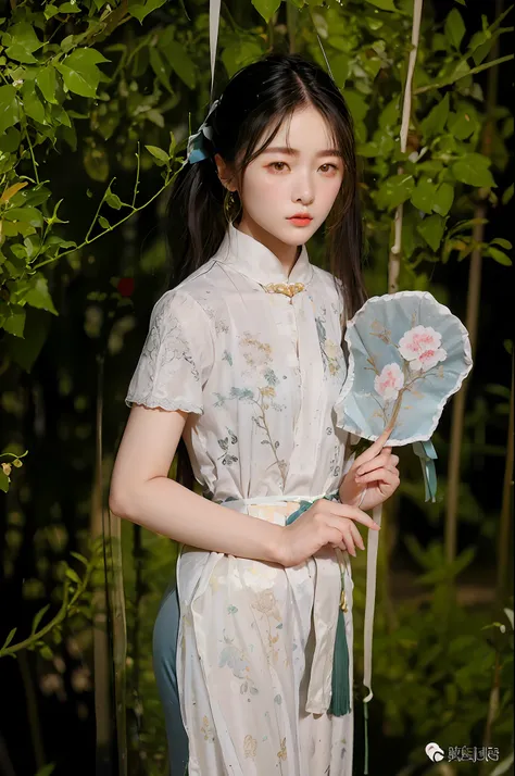 araffe woman in a white dress holding a fan and a green ribbon, cheongsam, palace ， a girl in hanfu, white hanfu, with acient ch...