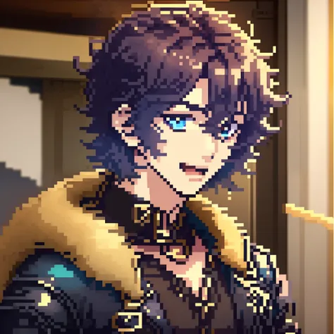 ung boy,ikemen ,purple hair, blue leather jacket, parted hair, portrait, curly hair at the end, cheerful