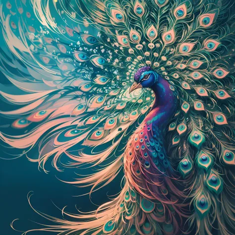 (peacock open), front, with a colorful indigenous woman standing on the right, backlit, abstract, painting, drawn by famous arti...