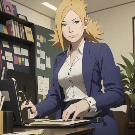 temari working in an office , masterpiece, great details, 6k , smirk . black woman's suit