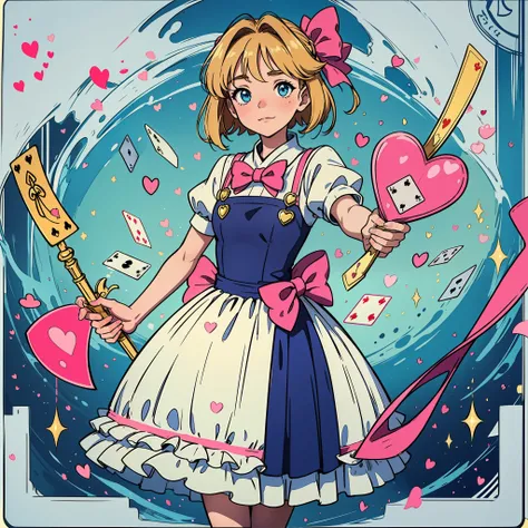 sakura card captor,holding a pink heart-shaped crosier,background several golden colored playing cards,wearing blue tulle dress,...