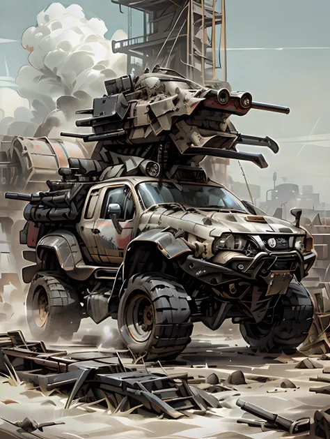 disel punk, araf cargo truck on the back (weapons, cannons, destructive, missiles, submachine guns), concept art by aleksander k...