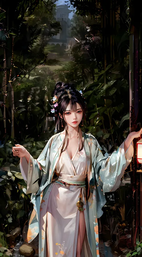 woman in a kimono dress standing in a forest with a lantern, hanfu, palace ， a girl in hanfu, white hanfu, 中 元 节, by yang j, ful...