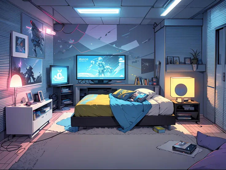 (masterpiece), (best illustration),(no humans), anime background, gaming bedroom, television with large computer, ring lighting ...