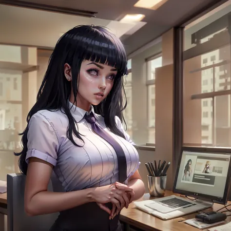 hinata working in an office , masterpiece, great details, 6k , concerned , woman's black office suite , purplr tie long black ha...