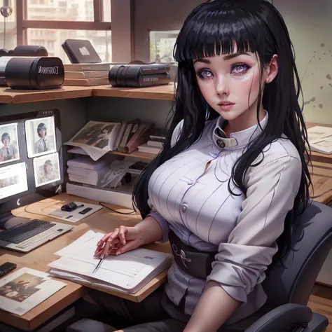 hinata working in an office , masterpiece, great details, 6k , concerned , woman's black office suite , purplr tie long black ha...