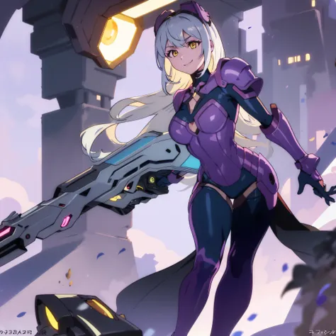 EvelynnAO, only 1girl, solo, complete body, silver hair, yellow eyes, (masterpieces, 8K, HDR, extremely delicate and beautiful, best quality: 1.2), perfect anatomy, good anatomy, lilac armor, futuristic city background, lilac helmet, legwears, running, sex...