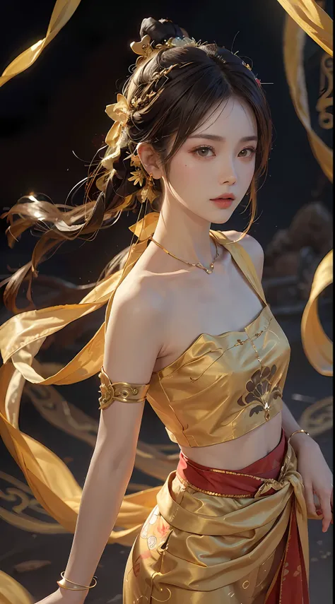 (RAW, Best Quality), Realistic, (Photorealistic Real: 1.3), Best Quality, High Detail, Masterpiece, Extremely detailed, Illustration, 1 25 year old goddess, upper body , Dynamic Angle, mess_long_hair, Best Quality, 8k Wallpaper, extremely detailed dunhuang...