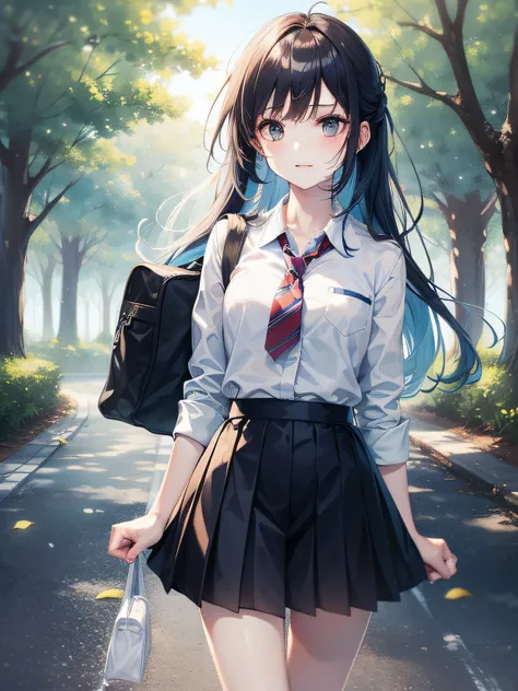 a beautiful female, walk on the schoo road, the girl flicks her long gair and picks a school bag, wearing school uniform, two side of trees besid the road, wind blow, paddle of water on the ground, a drip of water drop from the tress, pieces of levies fall...