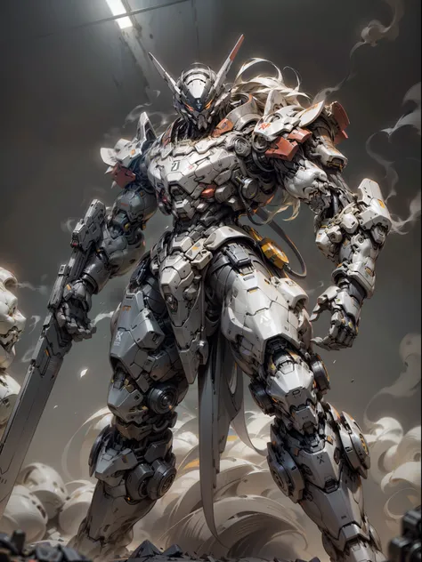 Tank Panzer Division with Huge Holding Huge Shield, Heavy Gundam, Face Mask Covered, Shield in the Air, Super Large Mechanical Shield, Smoke Surrounding, Tomahawk Wielding Pose, Perfect Body Proportions, Tall Figure, Full Body Shot, Super Detail, Male, Nin...
