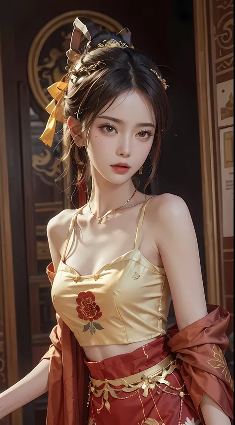 (RAW, Best Quality), Realistic, (Photorealistic Real: 1.3), Best Quality, High Detail, Masterpiece, Extremely detailed, Illustration, 1 25 year old goddess, upper body , Dynamic Angle, mess_long_hair, Best Quality, 8k Wallpaper, extremely detailed dunhuang...