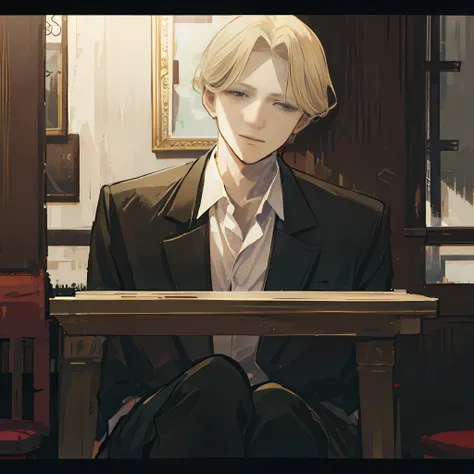 photo of a cool boy ,face of johan liebert ,highlighted blonde hair , detailed brown eyes ,skin pores,skin texture, sitting outs...