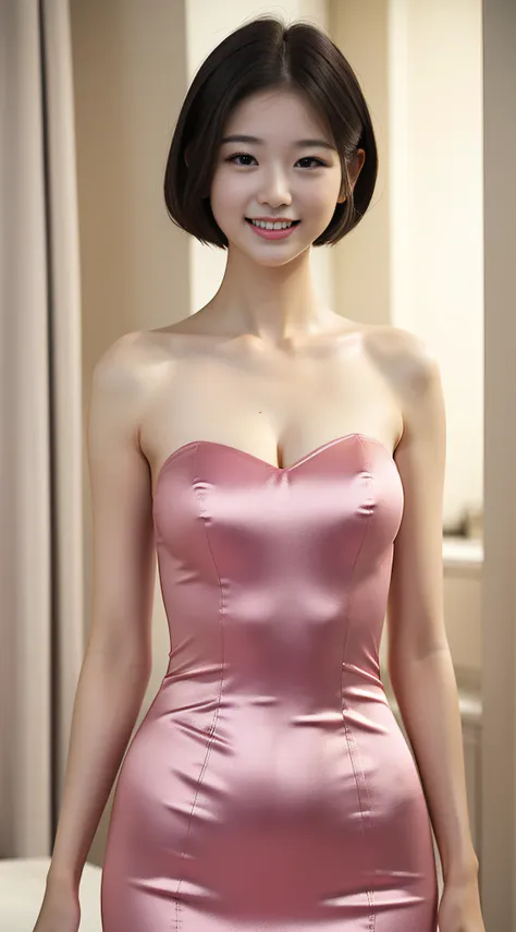 16 years old pretty girl, extra large breasts, evening dress, sexy, slim body, short hair, smile, sexy, full body, artwork, 8k