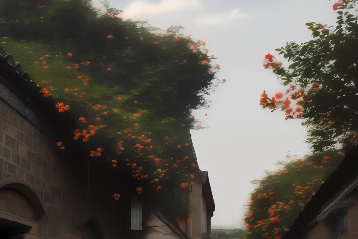 there is a street with a bunch of flowers growing on the side of it, covered in flame porcelain vine, nature growing around the ...