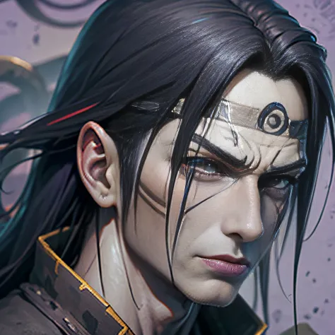 orochimaru,1boy,red eyes,male focus,solo,snake,pale skin,simple background,purple background,upper body,looking at viewer,forehead protector,headband,shirt,robe,Facial close-up,