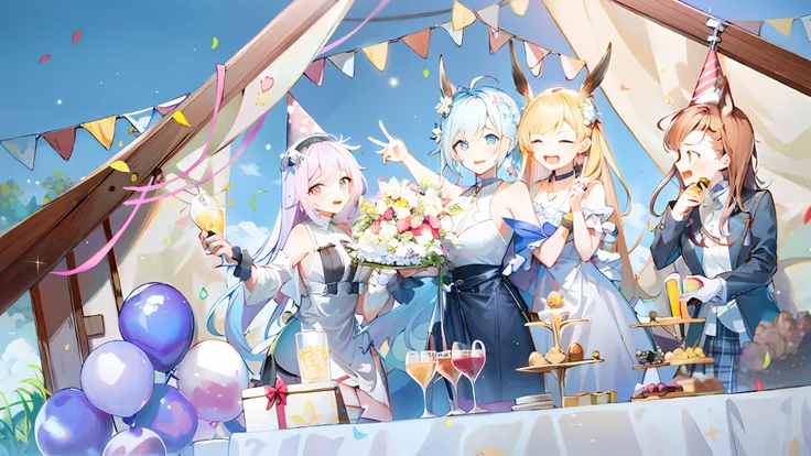 anime characters are standing in front of a tent with balloons, anime party of friend of wisdom, from arknights, azur lane style...