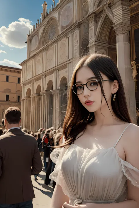 master works，lifelike，young woman, alone，beautiful face，delicate,solo,wear large round glasses,(piazza dei miracoli background,c...