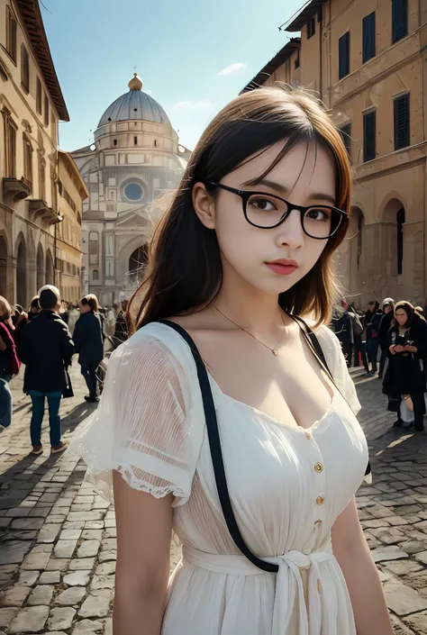 master works，lifelike，young woman, alone，beautiful face，delicate,solo,wear large round glasses,(piazza dei miracoli background,c...