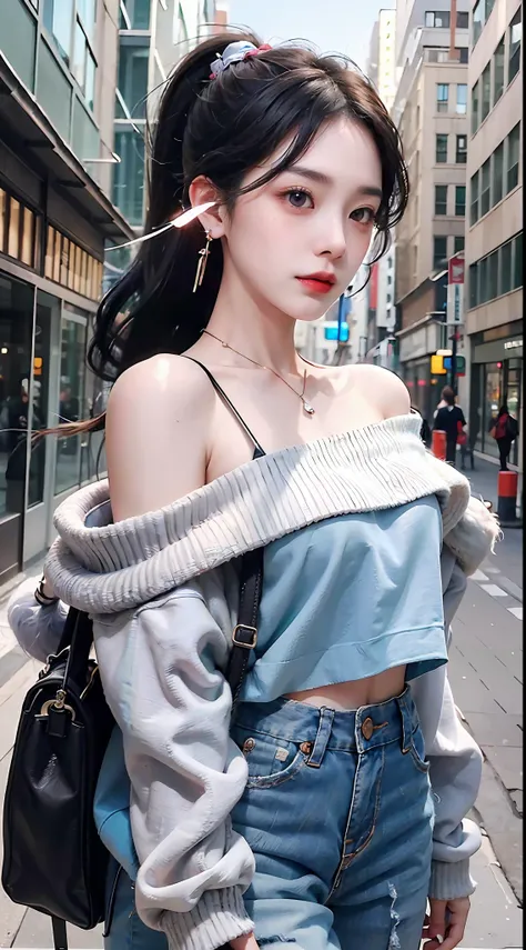 a stylish chinese beauty, she walks the streets of city high-rise buildings in trendy loose jeans with a stylish printed t-shirt...