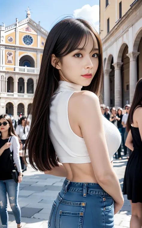 (mai shiraishi, white turtleneck, sleeveless, long white dress, denim shot, back shot, rear view, looking forward,(piazza dei mi...