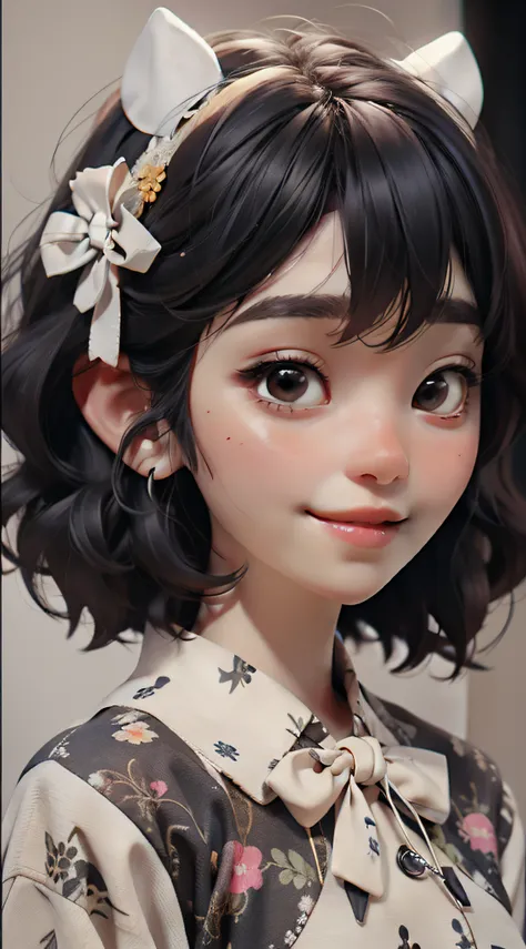 / imagine tips: illustration of short hair girl with black hair and air bangs, big eyes::1, bow, white yarn,::0.8, bright smile:...