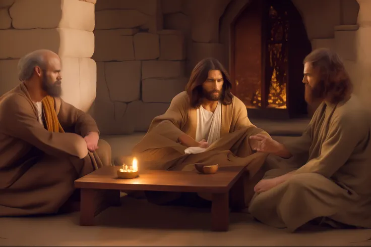 In the image, we see Jesus Christ portrayed in rich detail in a scene that harkens back to his time. He is dressed in a long, simple tunic, made of textured fabric and in earthy tones. His hair and beard are long and slightly wavy, demonstrating his mascul...