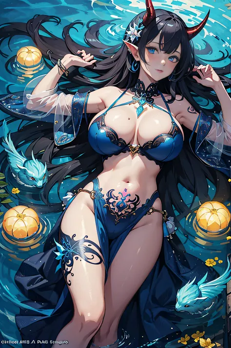 (Masterpiece, Excellent, Excellent, Official Art, Aesthetic Aesthetics: 1.2), Extreme Meticulous, Sexy Succubus, 1 Girl, Big Breasts, Belly Tattoo, Big Eyes, Face Details, Face HD, (Huge Horn: 1.6), Blue Flame Surrounding, Glowing Body, Sexy, Sexy Body, Ly...