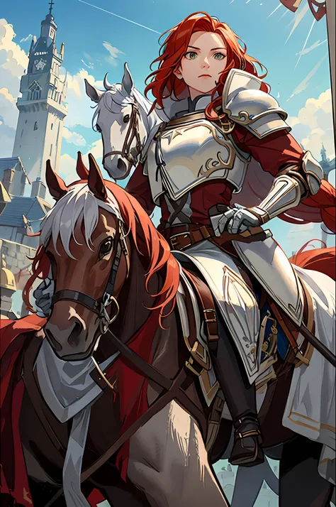 titania, 1horse, white horse, (riding a horse:1.2), braided ponytail, armor, red dress, belt, gauntlets, gloves, armored boots, ...