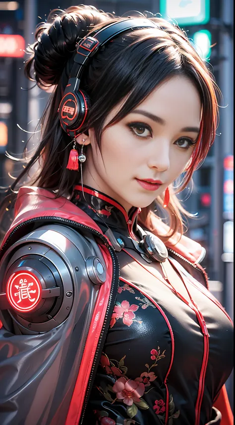 1 girl, chinese_clothes, metallic black titanium and pink, cyberhan, cheongsam, cyberpunk city, dynamic pose, detailed luminesce...