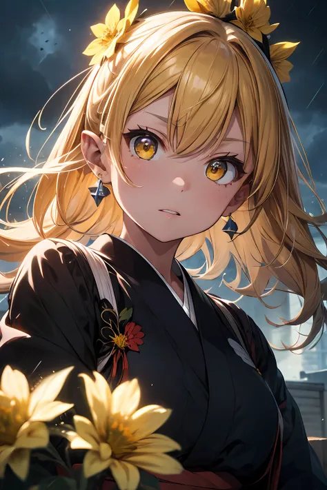 long yellow hair, pointy ears, yellow eyes, all black Japanese kimono robes with yellow flowers on it, black earrings, black decorations on head, beautiful detailed eyes, beautiful detailed face, beautiful detailed hair, detailed kimono, detailed face, det...