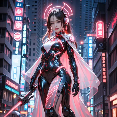 1 girl, chinese_clothes, metallic black titanium and pink, cyberhan, cheongsam, cyberpunk city, dynamic pose, detailed luminesce...