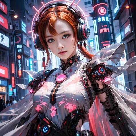 1 girl, chinese_clothes, metallic black titanium and pink, cyberhan, cheongsam, cyberpunk city, dynamic pose, detailed luminesce...