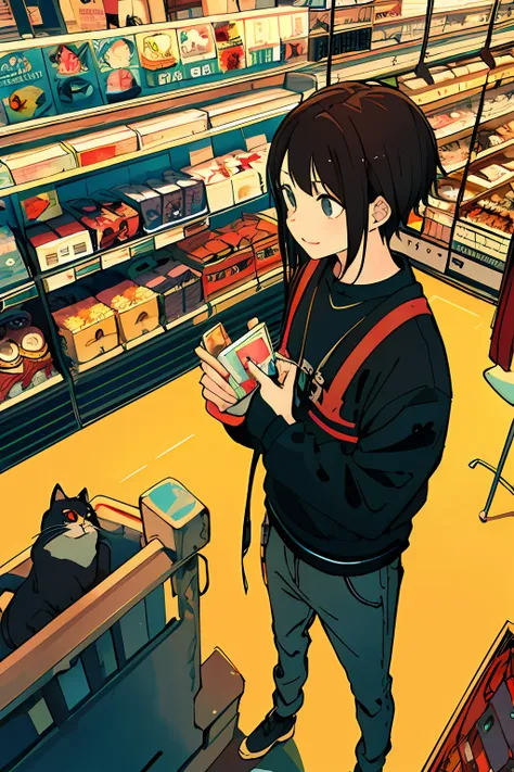 couple of boys and girls, chatting face to face, from above, dark hair, cat, shopping center, long sleeve,