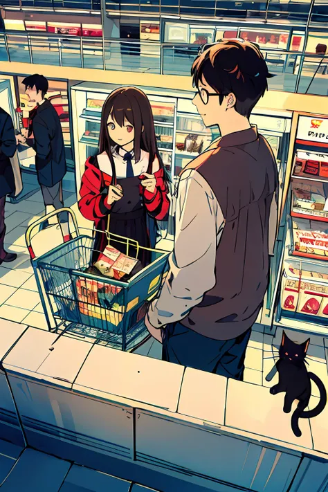 couple of boys and girls, chatting face to face, from above, dark hair, cat, shopping center, long sleeve,