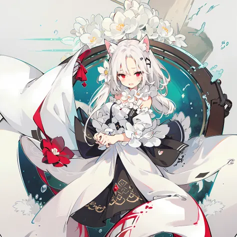 long head and white hair, cute, red eyes, low cat ears, blushing, vaginal water, making sounds, panting, loli, white silk