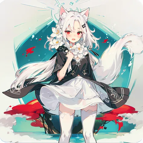 long head with white hair, cute, red eyes, low cat ears, blushing, vaginal water, making sounds, panting, loli, white stockings,...