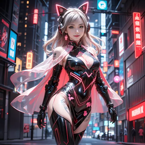 1 Girl, Chinese_clothes, metallic black titanium and pink, cyberhan, cheongsam, cyberpunk city, dynamic pose, detailed luminous headphones, glowing hair accessories, long hair, glowing earrings, glowing necklace, cyberpunk, high-tech city, full of mechanic...