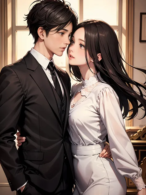 urban romance novel cover: young couple, boy with short black hair and black eyes, fair skin, delicate facial features, white sh...