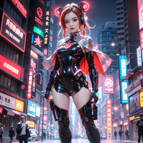 1 girl, chinese_clothes, metallic black titanium and pink, cyberhan, cheongsam, cyberpunk city, dynamic pose, detailed luminesce...