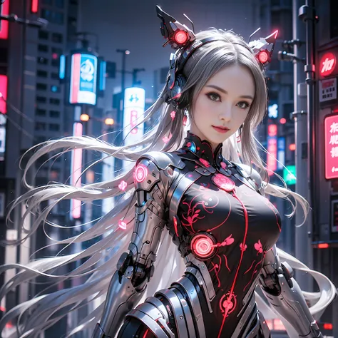 1 girl, chinese_clothes, metallic black titanium and pink, cyberhan, cheongsam, cyberpunk city, dynamic pose, detailed luminesce...