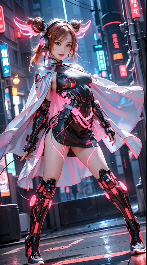 1 girl, chinese_clothes, metallic black titanium and pink, cyberhan, cheongsam, cyberpunk city, dynamic pose, detailed luminesce...