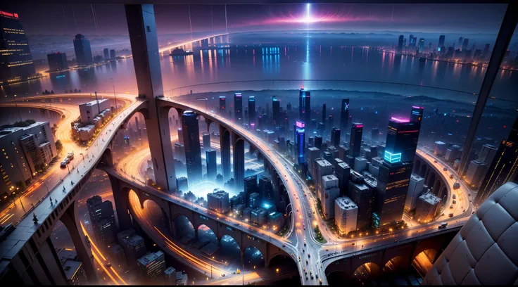 looking down from the top of the mountain, cyberpunk, (((huge 3d commercial))), huge and decadent circular city, intersections, ...