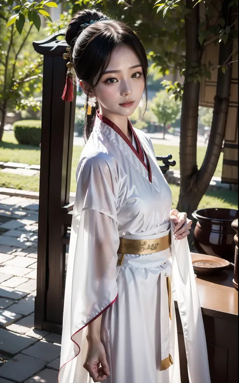 chinese girl, (wearing hanfu), plain hanfu, outdoor, zhan li, looking at the audience, masterpiece, 8k