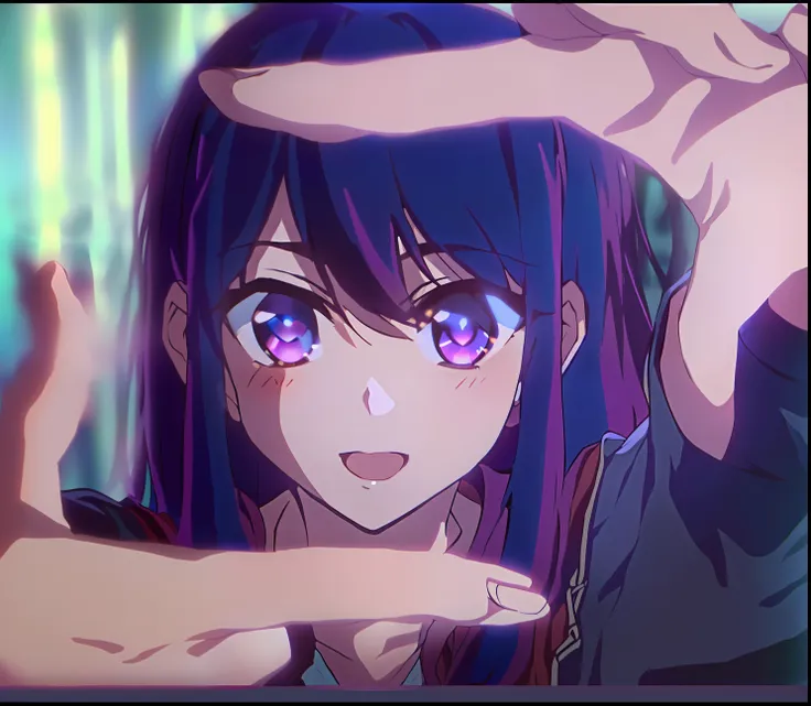 a woman with purple hair and blue eyes making a gesture, with index finger, anime best girl, misato katsuragi, in an anime, as a...