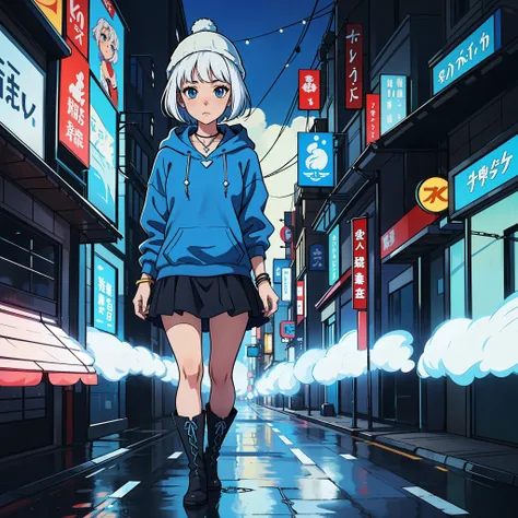 anime girl with short white hair wearing a white beanie, wearing a blue necklace, blue eyes, wearing a blue hoodie, wears a shor...