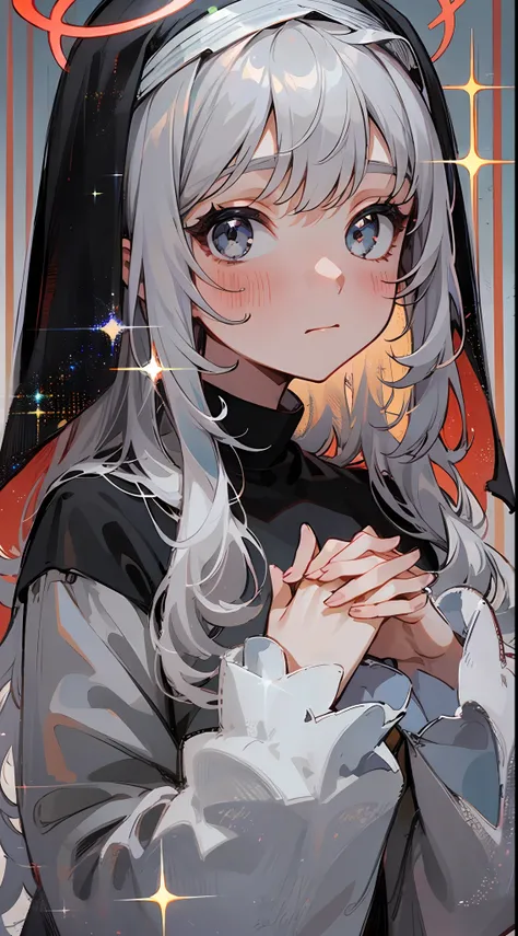 mirrornun, portrait, 1girl, solo, nun, upper body, long sleeves, blush, habit, own hands together, long hair, looking at viewer, closed mouth, halo, bangs, dress, grey eyes, black dress, sparkle, hands up, grey hair, veil